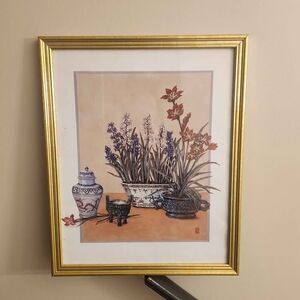 Vtg Asian Feng Shui Chinoiserie Urn Vase Floral Wall Art Botanical Print Japan